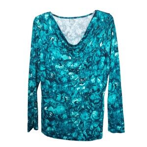 Talbots Petite Emerald Green Floral Rayon/Lyocell Draped Neck Top Size LP